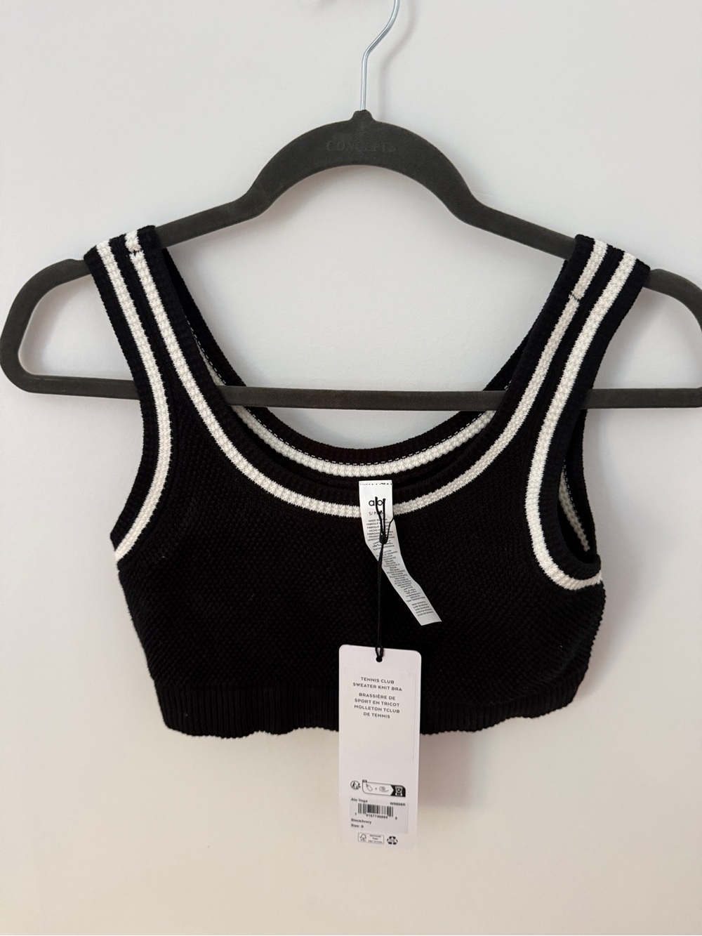 ALO Yoga Black Knit Tennis Sweater Bra with White Trim